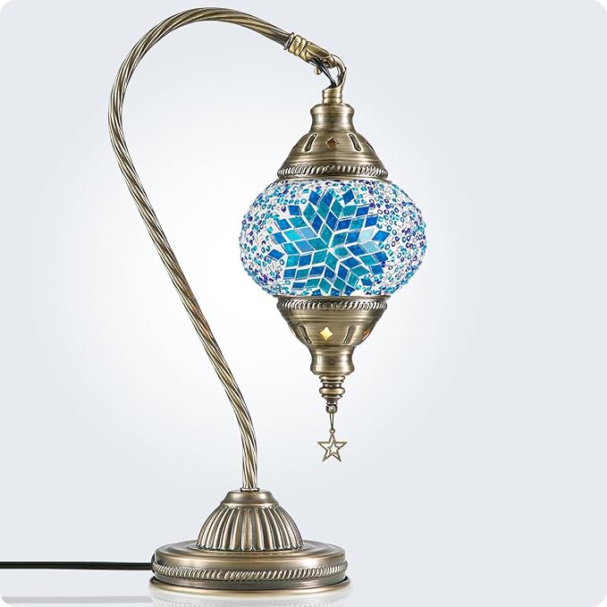 Yarra-Decor Turkish Moroccan Lamp with Bronze Base 3 Color Options Handmade Swan Neck Mosaic Glass Bedside Lamps for Bedroom (LED Bulb Included)(Blue2)