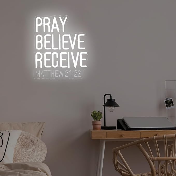 Pray Believe Receive Neon Sign for Wall Decor Matthew 21.22 Led Sign Religious Neon Light Dimmable Christian Light Up Signs for God Inspiration Faith Church Bible Verse Wall Art Bedroom Party Gift