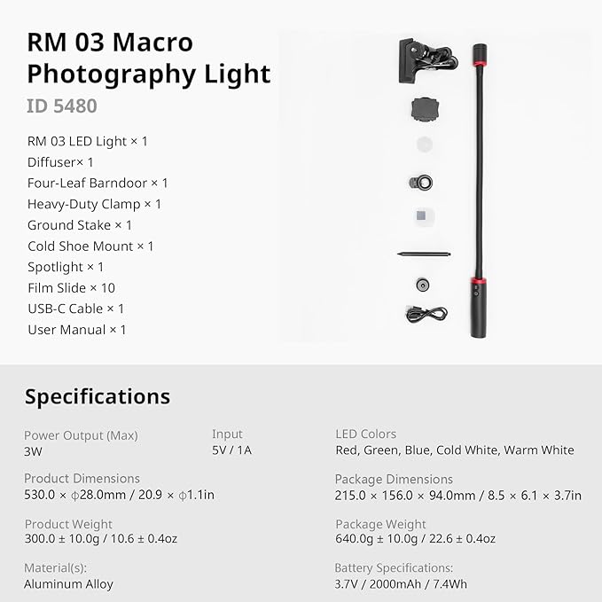 SmallRig RM 03 Macro Photography LED Light, Adjustable Beam Angle, 5 Colors CRI95 TLCI92, Bendy Light for Camera with Cold Shoe Adapter, Clamp, Diffuser, Spotlight, Barndoor, Gobos, IP54 Rating - 5480