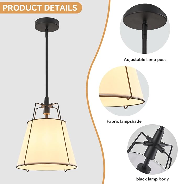 Modern Pendant Light Fixtures with 13" White Linen Fabric Shade, Adjustable Hanging Light Fixture,Drum Black Vintage Chandelier for Kitchen Island Bedroom Dining Room Foyer Entryway