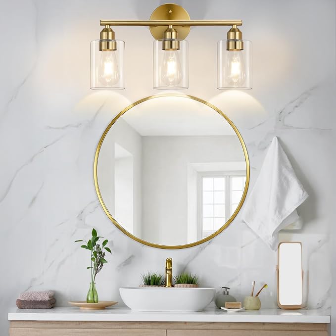 3-Light Bathroom Gold Vanity Light Fixtures,17.3'' | Clear Glass Shade,Modern Wall Lamp for Mirror
