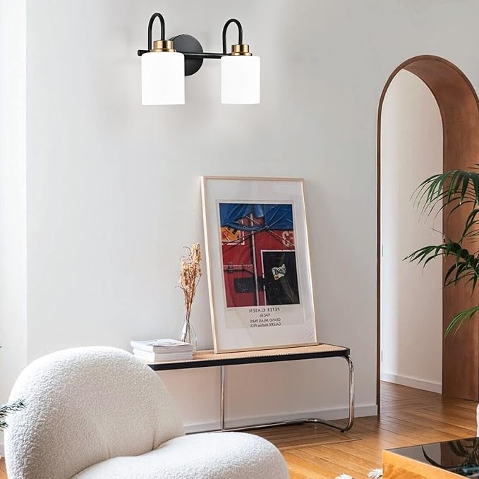 Modern Matte Black and Gold Bathroom Vanity Light Fixtures 2 Lights Milky Glass Wall Sconce Light Modern Vanity Lights Over Mirror(Exclude E26 Bulb)