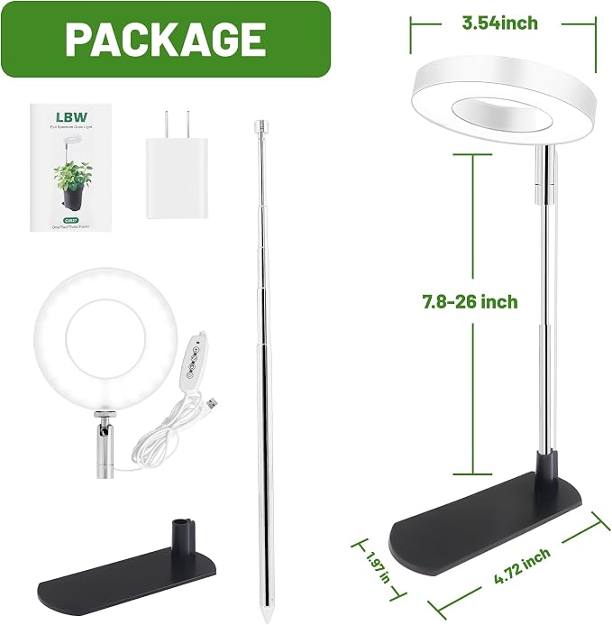 LBW Grow Lights for Indoor Plants, Full Spectrum Halo Grow Light with Base | 48 LED Plant Light for Small Plants, Base/Soil Stake, 7.8-26" Adjustable, 6/8/12/16H Timer, 3 Color Mode, 5 Brightness, White