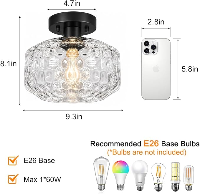 DSMJFU Black Semi Flush Mount Ceiling Light, Vintage Small Ceiling Light Fixture, Hallway Lighting Fixture with Hammered Glass, Kitchen Ceiling Mount Light for Entry Way, Bedroom, Bathroom