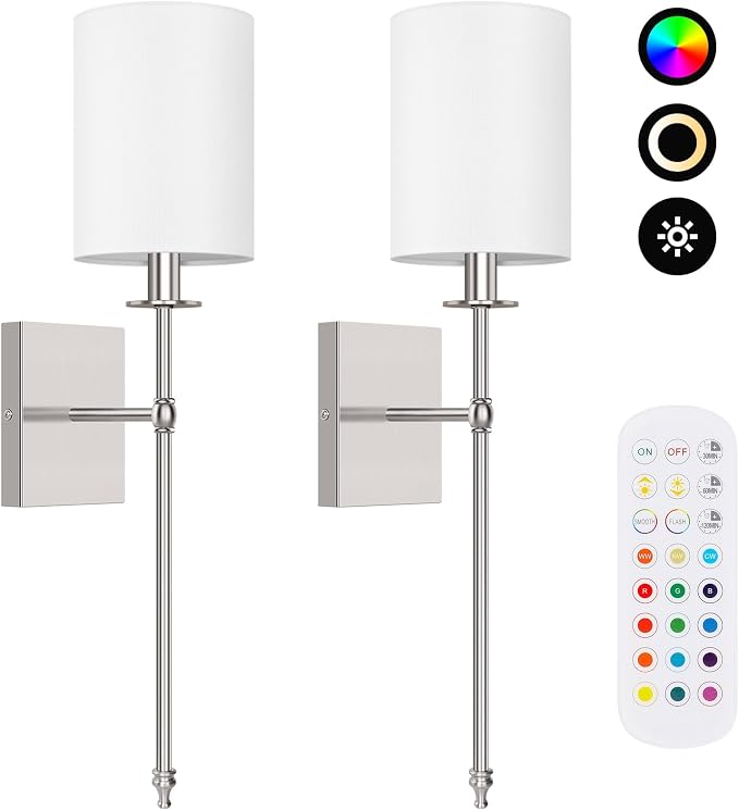 24 Inch Battery Operated Wall Sconces Set of 2 with Remote, Brushed Nickel Rechargeable Wireless Wall Lights with White Fabric Shade, Cordless Wall Lamps with Dimmable Detachable Bulbs for Bedroom