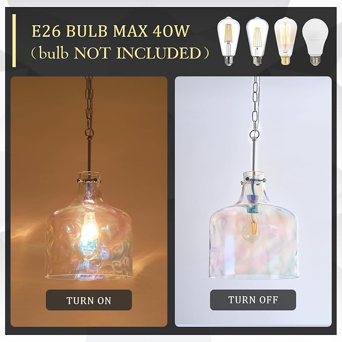 Colorful Hammered Glass Pendant Light, Chrome Hanging Light, 12-Inch | Hand-blown colorful hammered glass pendant light, adjustable chain, E26 socket, ideal for kitchen island lighting.