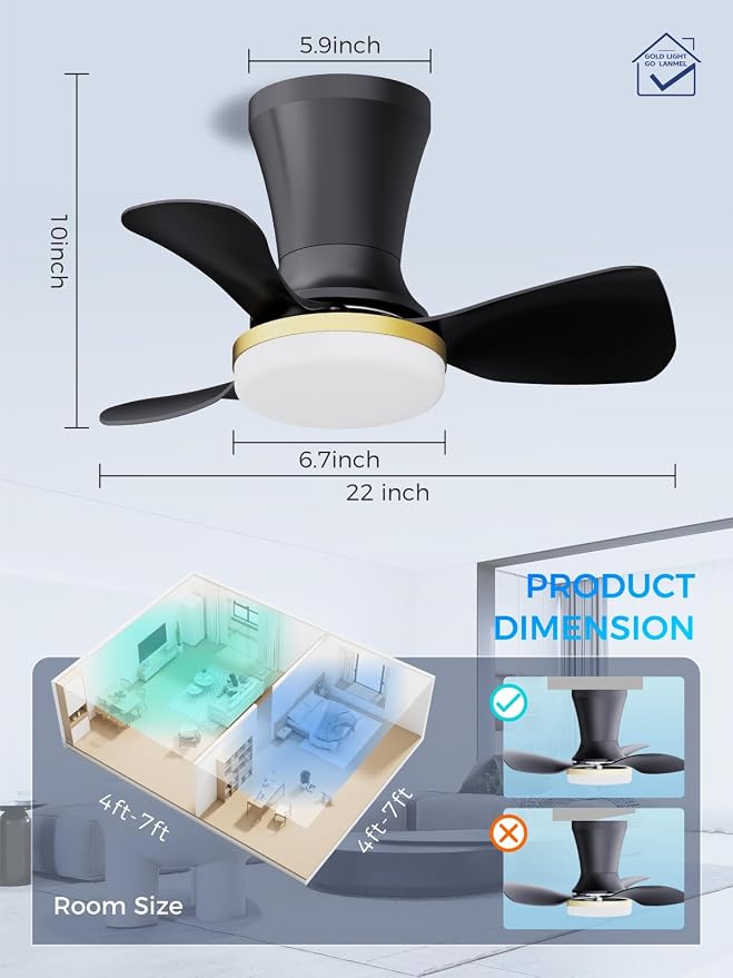 LANMEL Metal Ceiling Fan with Lights and Remote, 22 Inch, Gold & Black | Modern Low Profile Flush Mount, Reversible, 3CCT Dimmable, Quiet, LED, For Bedroom, Living Room, Indoor/Outdoor Patio Use