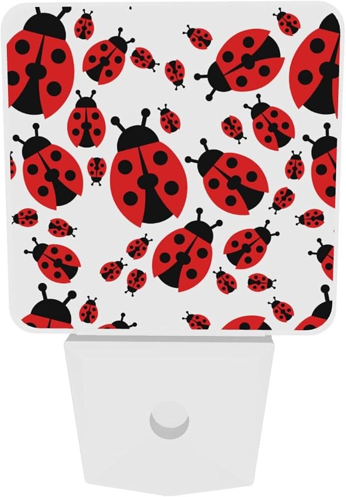 Cartoon Red Ladybug Night Light Set of 2, Auto Sensor LED Dusk-to-Dawn Nightlights, Plug-in Sensor Lamp for Bedroom Bathroom Kitchen Hallway Stairs Decorative