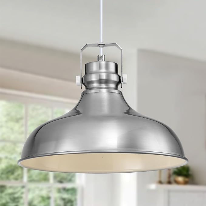 Brushed Nickel Modern Pendant Lights Kitchen Island Fixtures | ETL Certificate,Industrial Adjustable Height Vintage Dome Hanging Light Fixtures for Barn,Dining Room 1 Pack