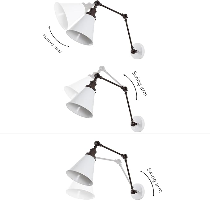 JONATHAN Y 7" White/Oil Rubbed Bronze Classic Industrial Metal Adjustable Arm LED Wall Sconce for Bedside Reading, Farmhouse Swing Arm Wall Lamp with Metal Shade, Hardwired (JYL7462C-SET2)