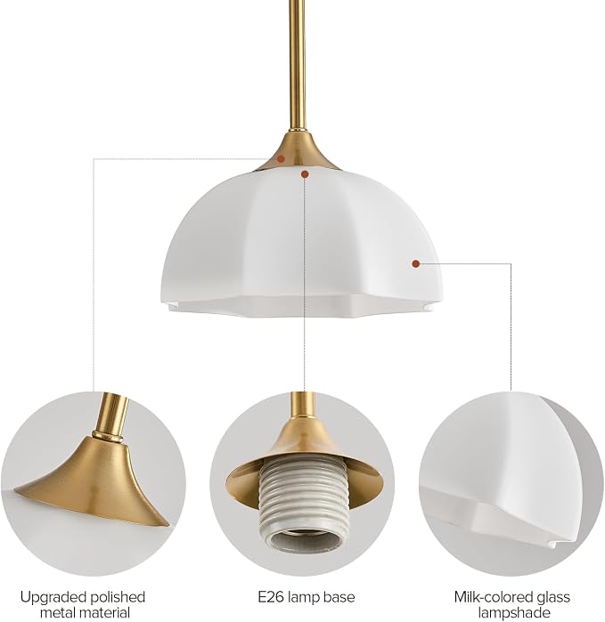 Milk Glass Pendant Lights for Kitchen Island E26 Base Mid Century Light | 7.8inch Modern Gold Lighting for Bathroom Bedroom Dining Room Adjustable Hanging Height Fixture