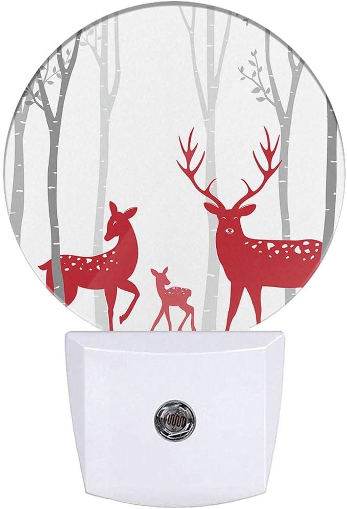 Deer Plug in Night Light Red Christmas Deer Birch Tree Winter Trunk Antler Wildlife Xmas Plug-in Nightlight Auto Sensor LED for Boys Girls Men Women Bedroom Bathroom Decor, LEDLAMP3009