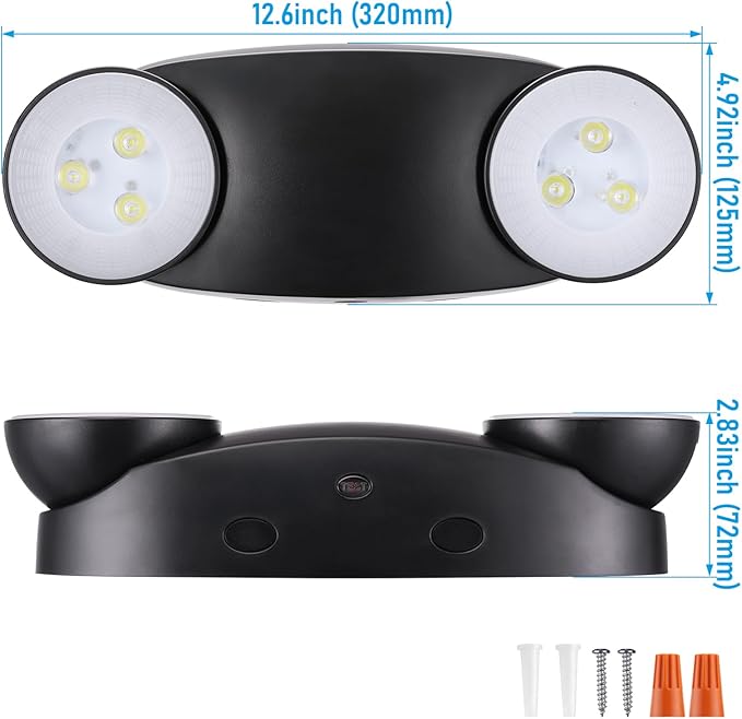 TORCHSTAR LED Emergency Light with Battery Backup, 800lm High Output, UL Listed, AC 120-277V, Commercial Emergency Lighting with Two Adjustable Heads, Hardwired Exit Light Fixtures, Black, Pack of 2