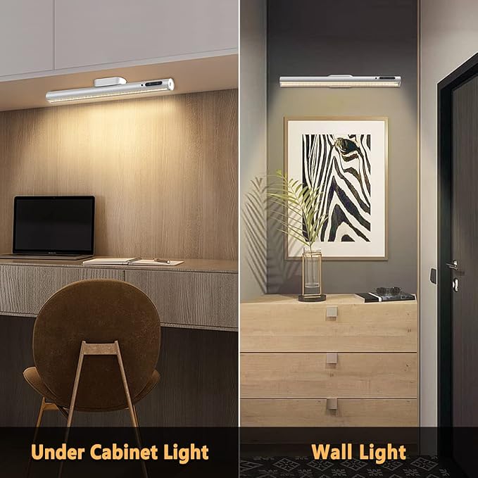 Rechargeable Magnetic LED Light Bar, 4000mAh Wireless Closet Light | Under Cabinet Lighting, Battery Powered Operated Wall Strip Light, Dimmable Lamp for Mirror Closet Picture Kitchen Silver