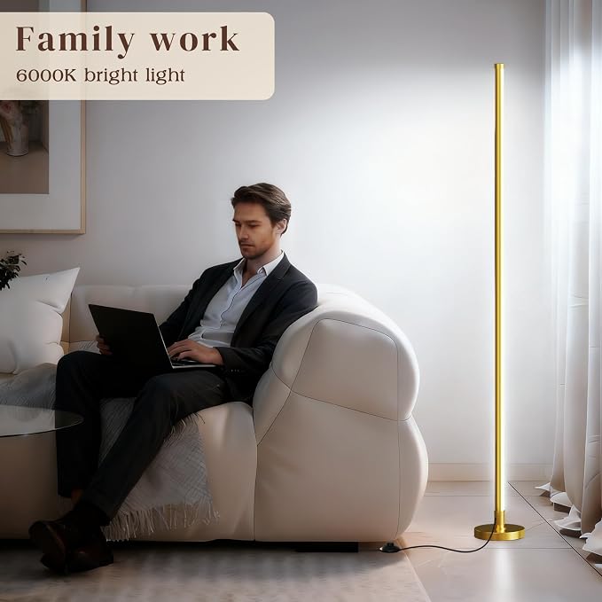 Corner Lamp,Minimalist LED Floor Lamp,Gold,1 Pack | Remote Control, Dimmable, 24 W, 7 Color Temperature 3000K-6000K, For Living Room, Bedroom, Home Office
