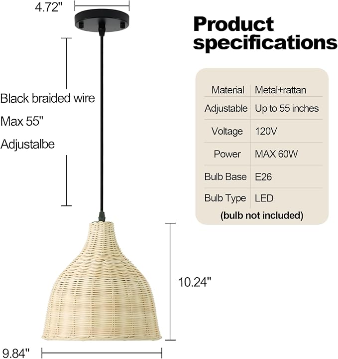 Hard Wired Rattan Pendant Lights Set of 2,Boho Wicker Chandelier with 9.84” Dome Shade, Basket Hand Woven Hanging Lamp for Coastal Kitchen Island Dining Room Living Room Bar Foyer Hallway