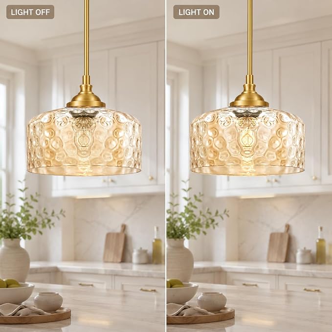 Daunton Gold Farmhouse Hammered Glass Kitchen Pendant Lighting Over Island | Height adjustable hanging light fixture kitchen, 90-degree swivel, 2-in-1 ceiling light and pendant light, E26 bulb base