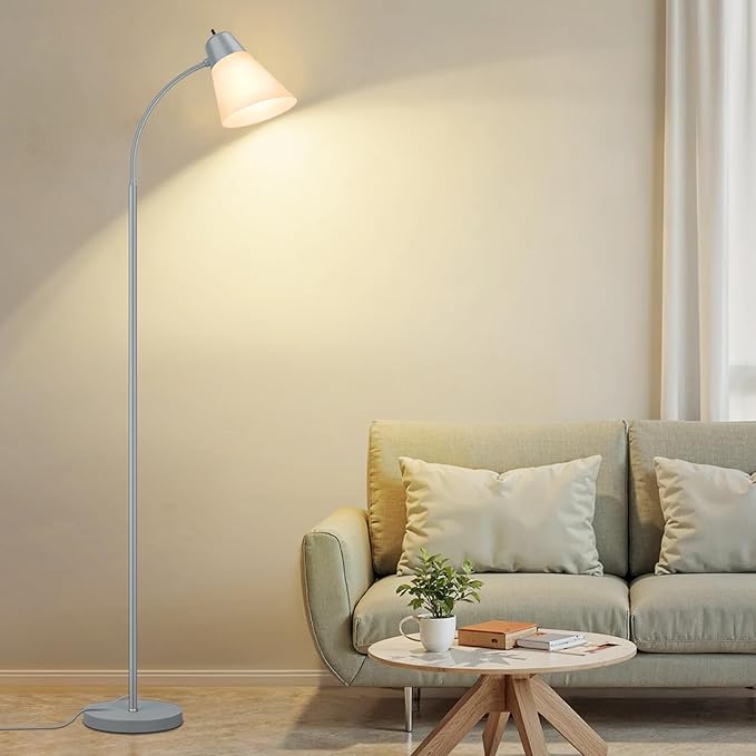 Floor Lamp for Living Room, Adjustable Standing Room Lamp with White Plastic Shade, Grey Reading Floor Lamps for Dorm, Bulb not Included