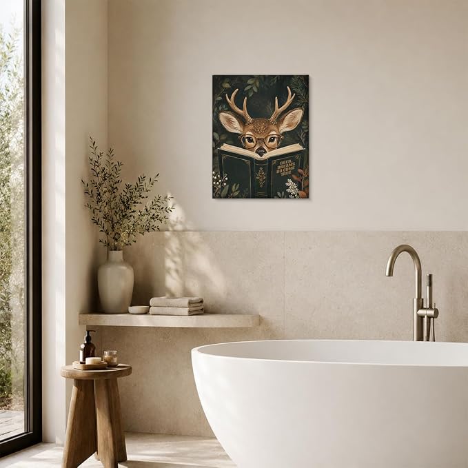 NSFBESSLIA Funny Reading Deer Painting, Whimsical Forest Animal Decor, Deer Dreams Do Come True, Cottagecore Wall Art for Living Room Bedroom Entryway, 8x10 Inch