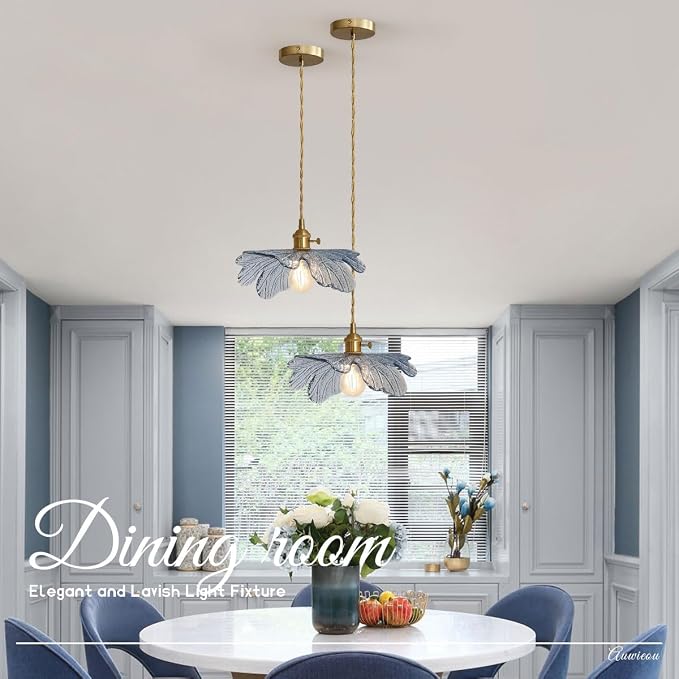 Blue Floral Glass Pendant Lights Kitchen 2 Pack Vintage Mid Century | Gold Brass Hanging Light Fixture set of 2 , Adjustable 59" Cord, 110V E26 Base, for Cabinets Dining Room Apartments entryway