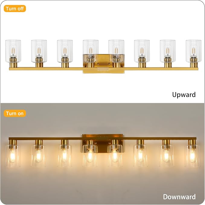 8 Light Bathroom Vanity Light Gold Bathroom Light Fixtures Brass Vanity Lights for Bathrrom 46 in Large Wall Sconce Brush Gold with Clear Glass Shade for Living Room