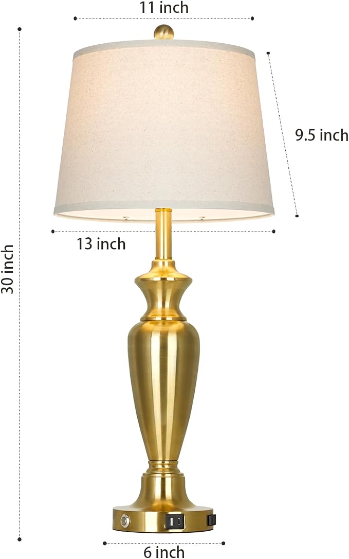 Gold Table Lamp for Living Room Single, 30″ Tall Touch Control Bedside Lamp for Nightstand, 3-Way Dimmable Bedroom Lamp with USB A+C Ports and AC Outlet (1 Pack)
