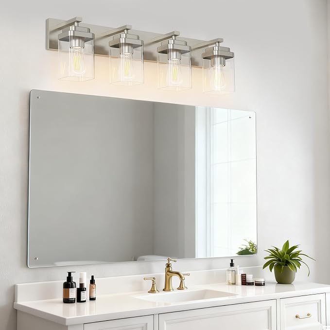 Brushed Nickel Bathroom Light Fixtures, 4 Lights Bathroom Lighting Fixtures Over Mirror, Square Design & Rectangle Large Backplate, Modern Vanity Lighting Fixtures, for Living Room/Bedroom