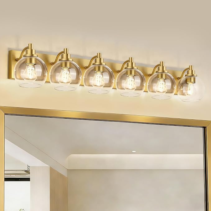 IZORRO Bathroom Light Fixtures, 6-Light Brushed Gold Vanity Light, Modern Wall Sconces with Globe Clear Glass Shade, Vanity Lighting Fixtures Over Mirror,E26 Bulb Socket
