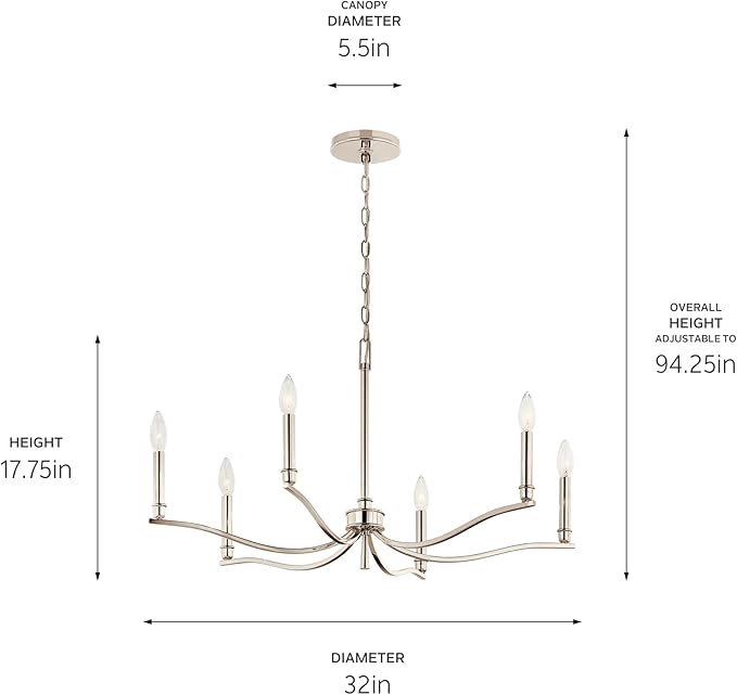Kichler Malene 6-Light Chandelier, Updated Traditional Light in Polished Nickel, Sloped Ceiling Compatible, for Foyer, Dining Room, Living Room or Bedroom (17.75" x 32"), 52695PN
