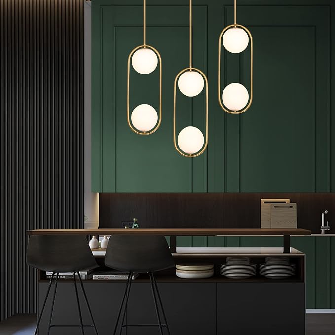 SeeU Modern Pendant Lighting Mid Century Globe Pendant Light Fixture Gold Pendant Chandelier Hanging Lighting Fixture with White Globe Glass Lampshade for Kitchen Island Dining Room Bedroom
