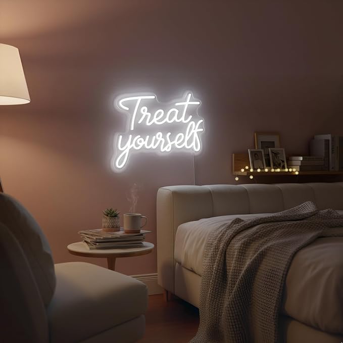 Treat Yourself Neon Sign LED Neon Sign for Wall Decor Bedroom Office Vanity | Dimmable LED Treat Yourself Sign for Beauty Salon, Boutique, Makeup Room, Dorm, Bedroom, Party, Vanity & Teen Girls Room