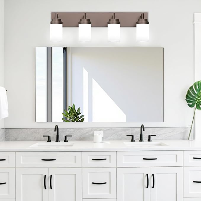 Bathroom Light Fixtures, Oil Rubbed Bronze Bathroom Lighting Fixtures Over Mirror, Modern Vanity Light with White Glass Shade, Restroom Lighting Fixtures, 4-Light 30-inch