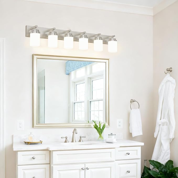 IZORRO Bathroom Vanity Light Fixture, 6-Light 46 Inch Brushed Nickel Bathroom Light Fixtures Over Mirror, with White Glass Shade, Modern Farmhouse Vanity Lights, Rustic Restroom Lighting Fixtures