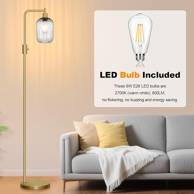 【Upgraded】 Dimmable Floor Lamp for Living Room with Gray Ribbed Glass Lampshade, Gold Modern Floor Lamp with 900LM LED Bulb Included, Arc Standing Tall Lamp for Bedroom, Office, Reading Room, Corner