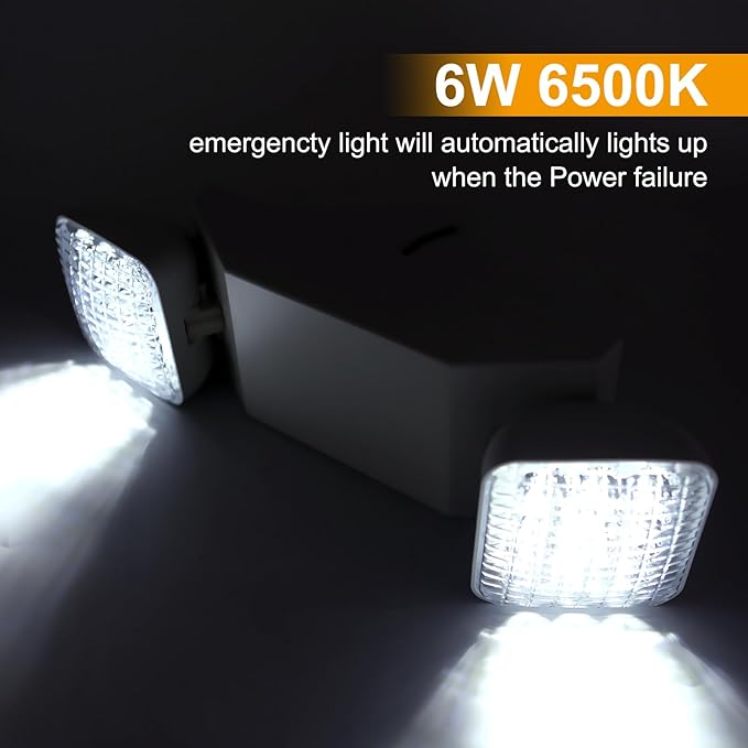 Commercial LED Emergency Lights with Battery Backup, 2 Head Indoor Fixture, AC120-277V Hardwired 6 PCS