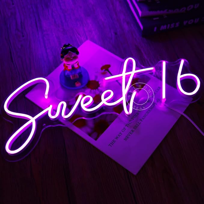 SYLHOME Sweet 16 LED Neon Light Sign 17"X7.3" 5V Sweet Girls Adults Bedroom Happy 16th Birthday Party Wall Decor Beautiful Bestie Sister Pretty Girls USB