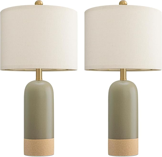 PoKat 24'' Hand-Textured Green Table Lamps, Farmhouse Bedside Lamp Set of 2 | Ceramic Lamps for Living Room, Two-Tones Design, Boho Nightstands Lamps for Bedroom, Home Decor for Side End Table, Hallway