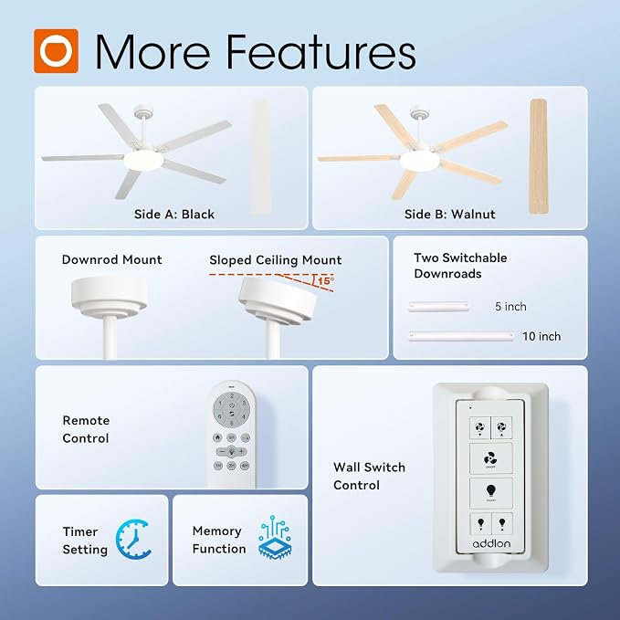 addlon 60 Inch Ceiling Fans with Lights and Remote Control, Wall Switch | Reversible DC motor, 6-speed, Timer, 3CCT Dimmable, Quiet, White Ceiling Fan for Bedroom, Living Room, Indoor/Outdoor Use