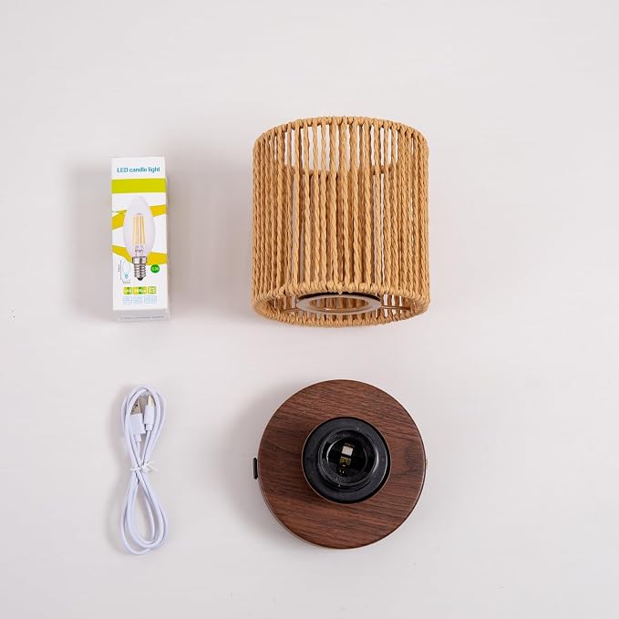 Cordless Rattan Table Lamp, 5000mAh Rechargeable Battery Operated Bedside Lamp with Edison Bulb, Stepless Dimmable Boho Cylinder Desk Light for Bedroom Living Room