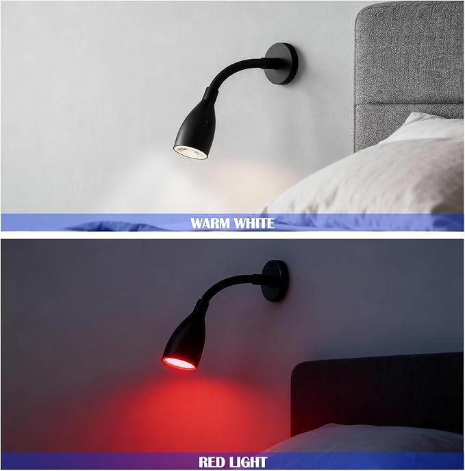 THALASSA Black RV 12V Flexible Gooseneck Reading Light Red Night Light Mode for Map, Camper Van Wall Sconce for 10V-30V System of Caravan Motorhome Trailer