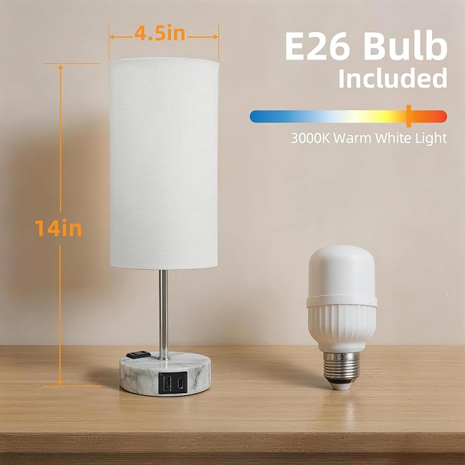 Table Lamp for Nightstand, High-Sensitivity Touch, 3-Level Dimmable Bedside Lamp with AC Outlet | USB | and USB-C, Ideal Night Stand Lamp for Bedroom (1, White&Marble)