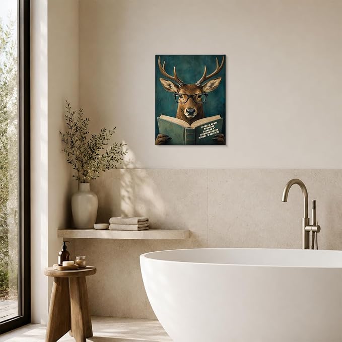NSFBESSLIA Funny Reading Deer Painting, Whimsical Vintage Animal Decor, Follow Your Light Through The Trees, Motivational Wall Art for Living Room Bedroom Entryway, 8x10 Inch