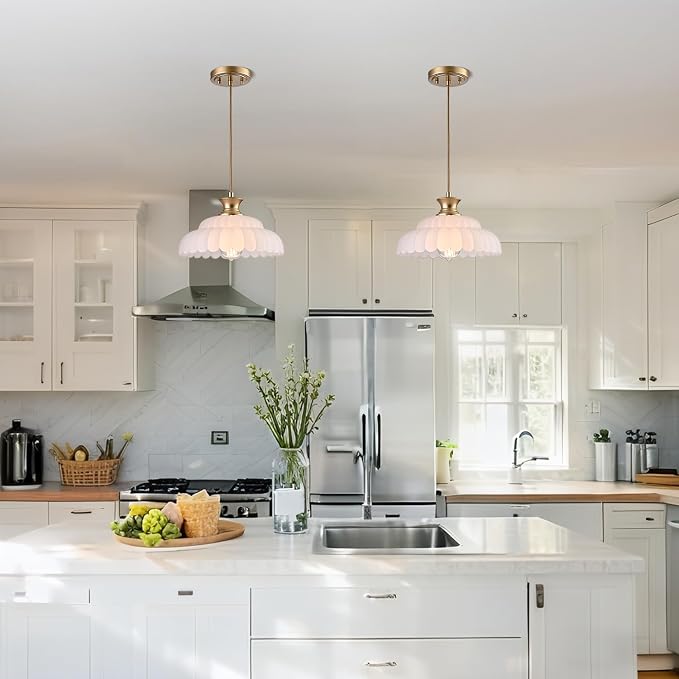 HYDELITE Vintage Frosted Glass Pendant Lights Kitchen Island Lighting | Brass Over Kitchen Sink Adjustable Hanging Pendant for Dining Room Kitchen Entryway