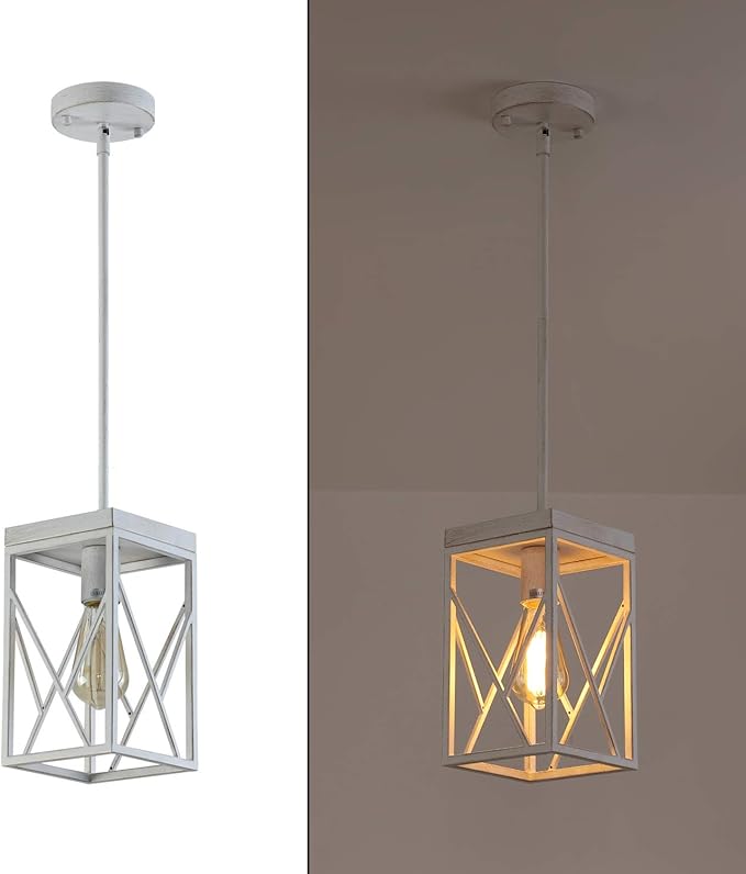 Modern Farmhouse Pendant Light with Metal Cage, One-Light Adjustable Rods Rustic Mini Pendant Lighting Fixture for Kitchen Island Cafe Bar, White with Gold