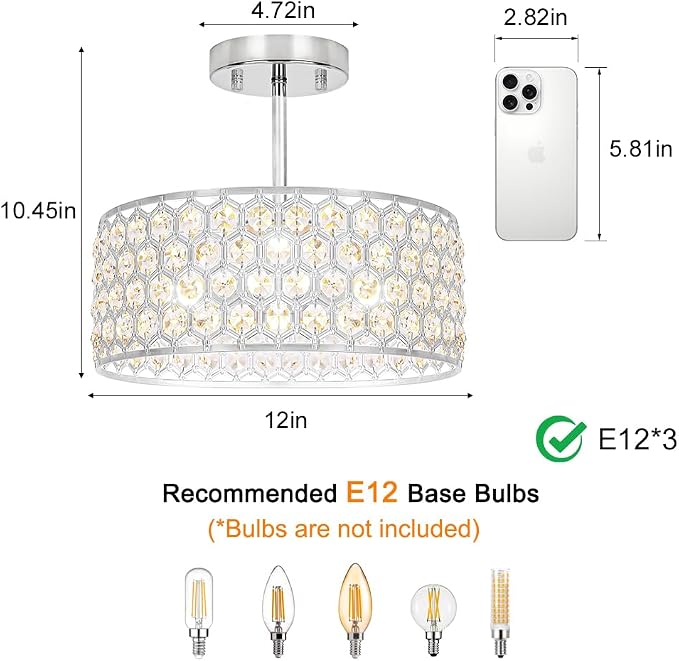 Lxybcce Chrome Crystal Ceiling Light Fixture - Modern Semi Flush Mount Ceiling Light for Hallway, Kitchen Lighting Fixtures Ceiling, Dazzling Prism Chandelier for Foyer Closet Bedroom, 3 Light, 12 in