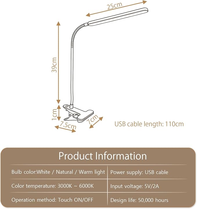 Clip on LED Light for Easel Painting & Nail Tech, White | 3 Color Modes,10 Brightness Levels,USB Powered,Clamp Lamp for reading,Artists, Manicurist and Desk