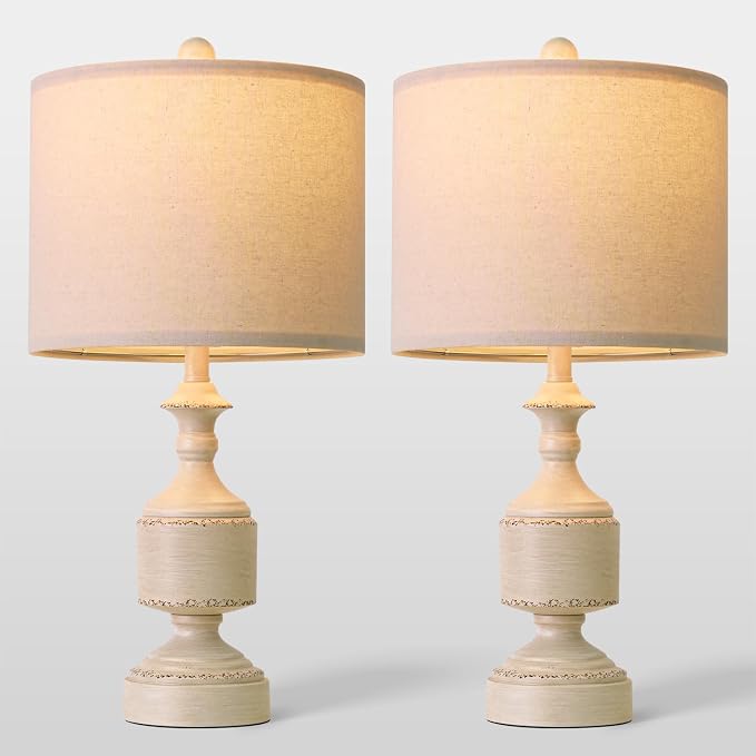 BOBOMOMO White Lamps Set of 2-20.5" Antique White Bedside Lamps for Nightstand, Vintage Farmhouse Lamps for Entryway & Guest Room, Ideal for Small Spaces, Room Lamps for Bedroom