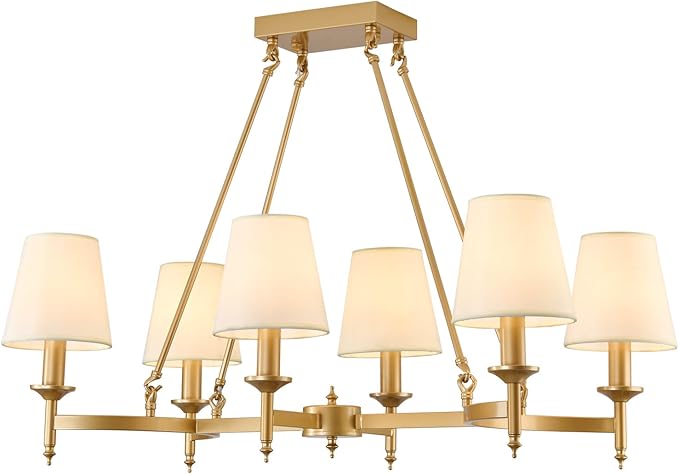 33.5" Gold Dining Room Chandelier with White Linen Fabric Shades 6-Light Rustic Industrial Ceiling Light Fixture Large Farmhouse Pendant Lights for Kitchen Island Living Room