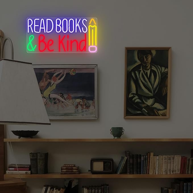 Read Books and Be Kind Neon Sign, Neon Signs for Wall Decor, Dimmable Led Signs for Bedroom, Light Up Signs for Reading Room Classroom Book Party Library Decoration Bookish Decor Gifts