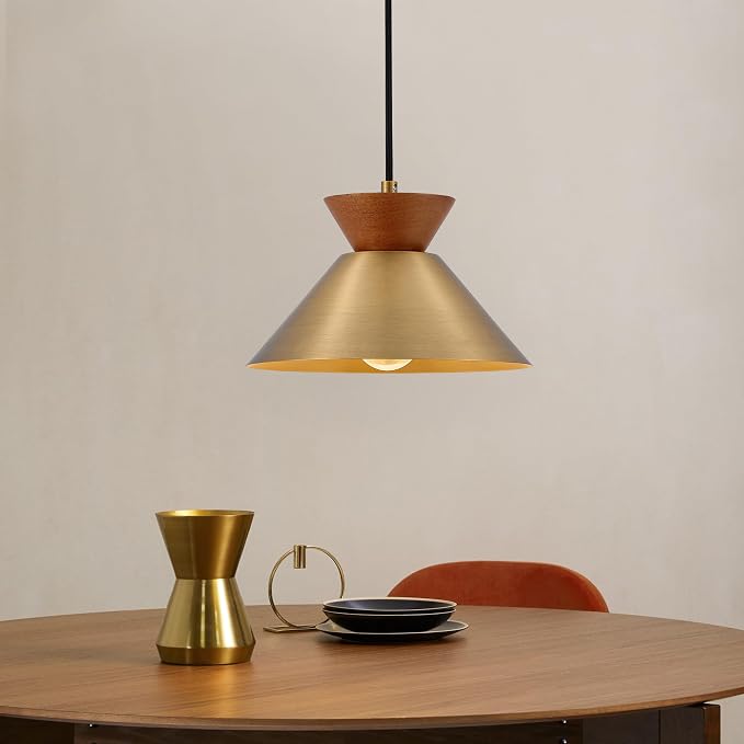 ELYONA Vintage Pendant Light for Kitchen Island, 10" Solid Wood Hanging Lamp with Brushed Brass Metal Shade & Gold Inner Finish, Mid Century Pendant Light Fixtures for Dining Room Bedroom Living Room